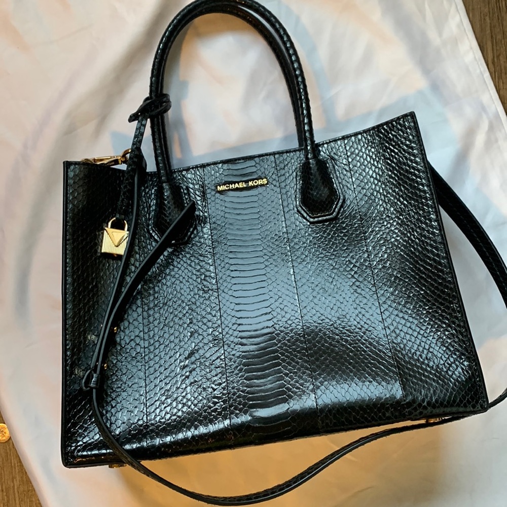 Michael Kors Bags | Michael Kors Genuine Snake Skin Medium Tote | Color: Black
